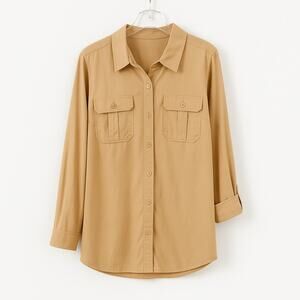 DAISY FUENTES Brown Tie Waist Cotton Button Up Top